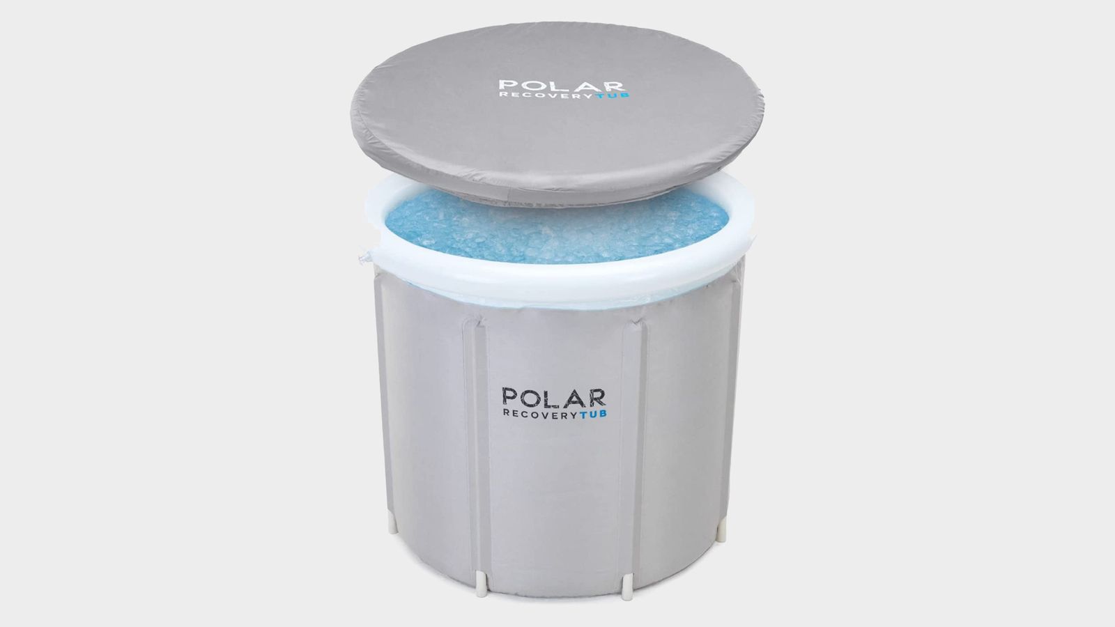 Polar Recovery Tub product image of a grey and white circular ice bath with a lid.