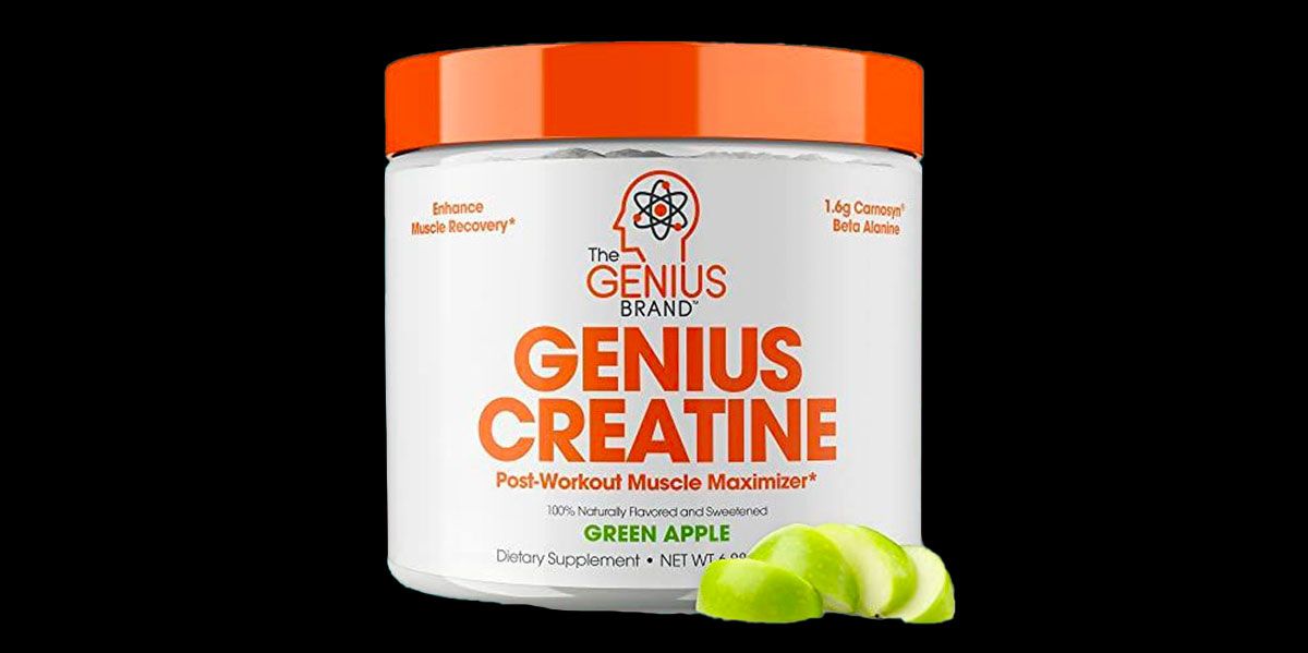 The Genius Brand Genius Creatine product image of a white container featuring an orange lid and branding.