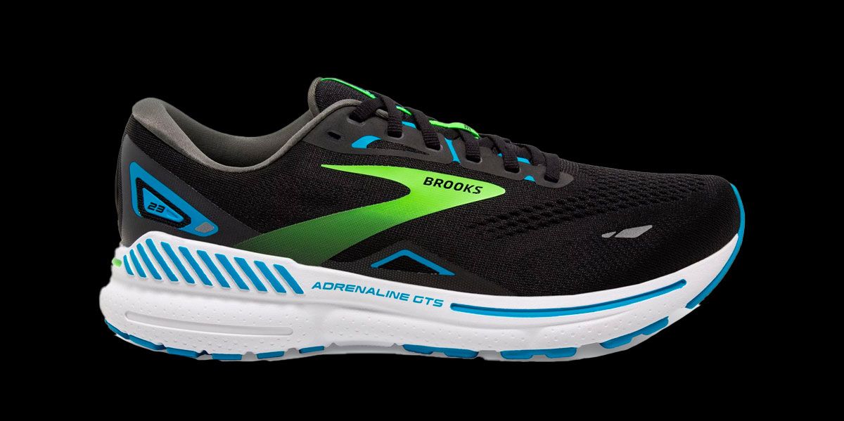 Brooks Adrenaline GTS 23 product image of a black mesh shoe with blue and green details and a white midsole.