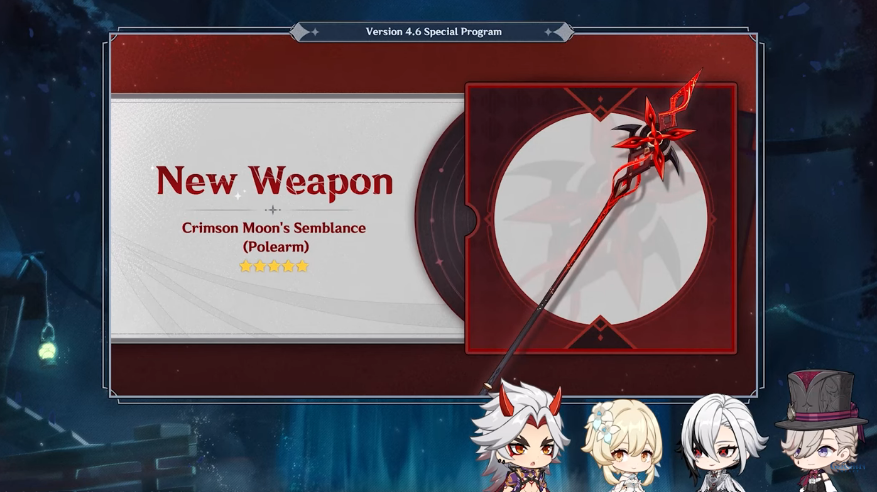 Arlecchino's signature weapon, Crimson Moon's Semblance, revealed in the Genshin Impact 4.6 Livestream.