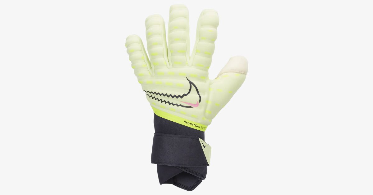 Nike Phantom Elite product image of a white and black goalkeeper glove featuring Barely Volt-coloured trim.