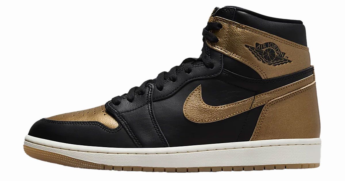 Air Jordan 1 High "Metallic Gold" product image of black leather high-top featuring metallic gold overlays and a white midsole.