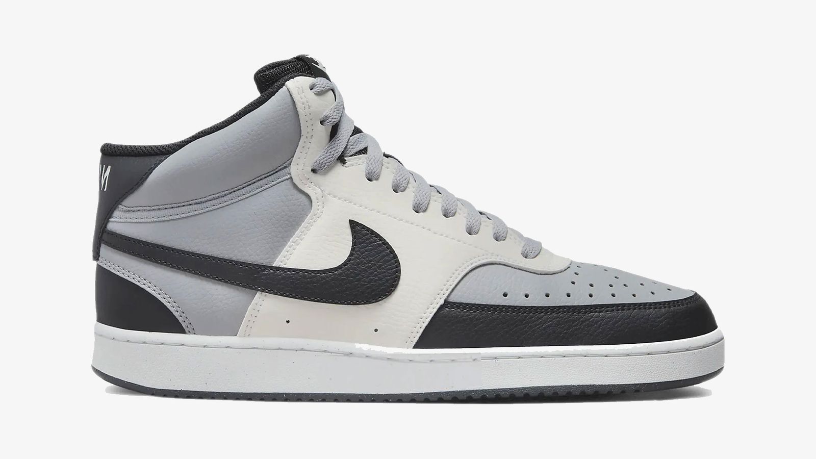 Nike Court Vision Mid Next Nature "Light Smoke Grey" product image of a white, grey, and black with light grey laces.