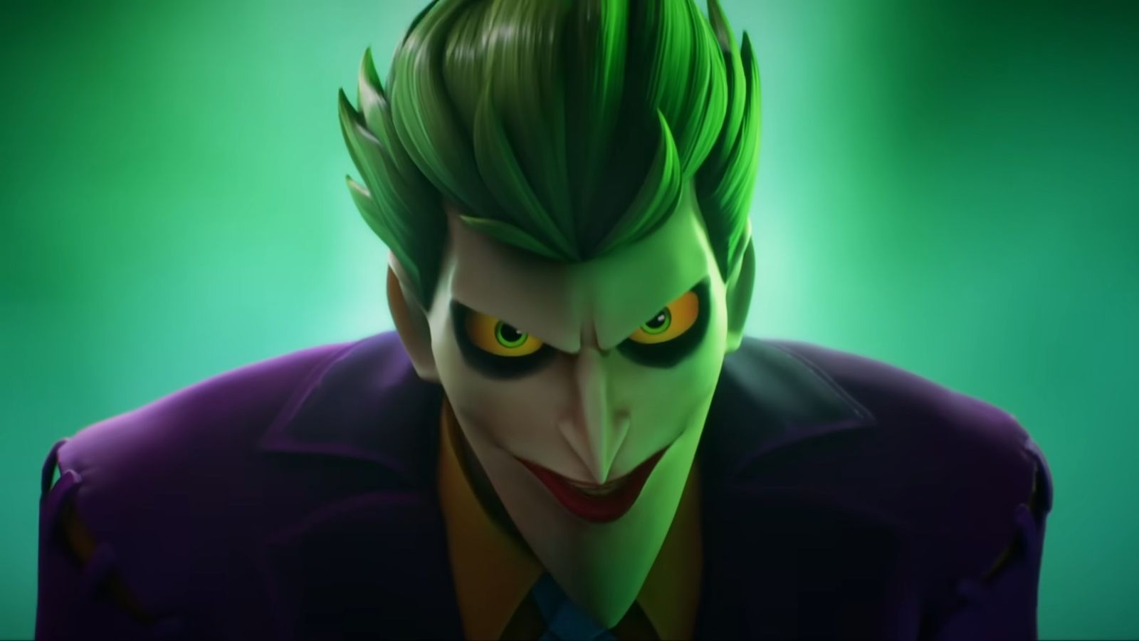 the joker is wearing a purple suit and tie in MultiVersus