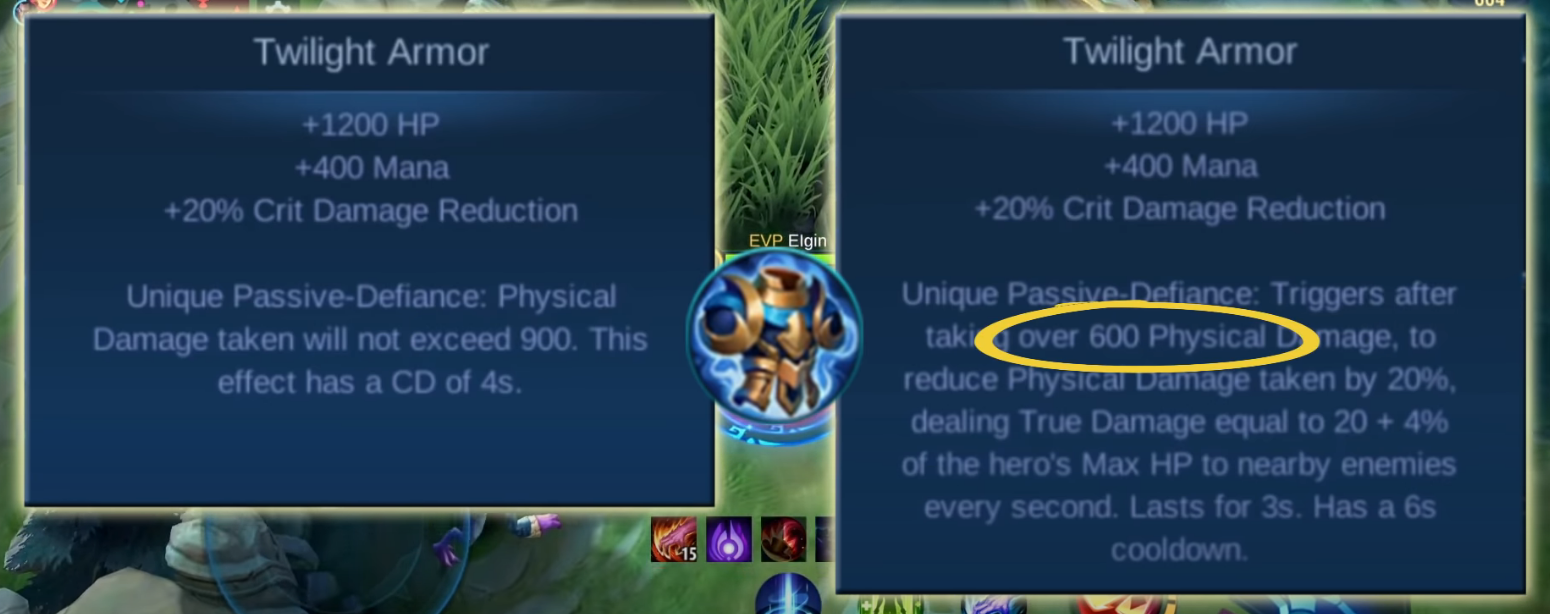 A before and after comparison of how the defensive item Twilight Armor 