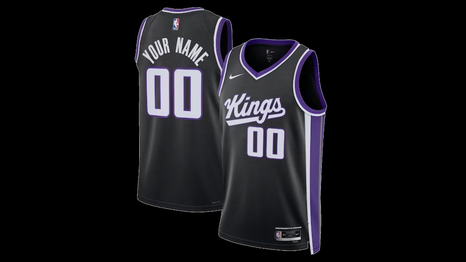 A black jersey featuring purple and white trim.