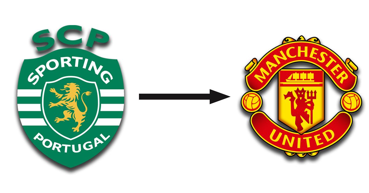 Sporting's white and green badge next to a black arrow pointing to Manchester United's red and yellow devil badge.