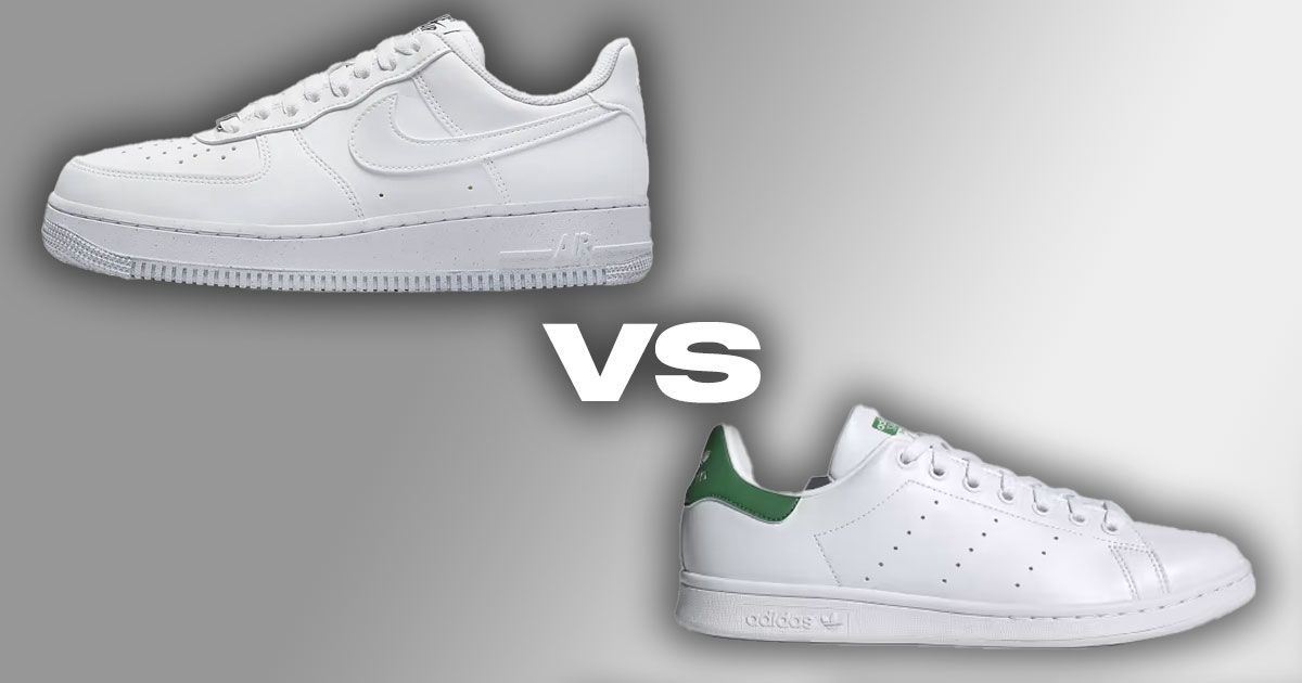 An all-white Air Force 1 Low vs. a white adidas Stan Smith featuring green trim on the tongue and heel.