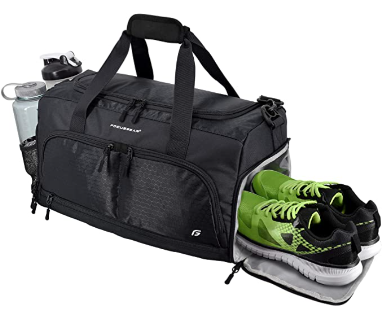 Best gym bag FocusGear product image of a black bag with a side pocket containing green trainers