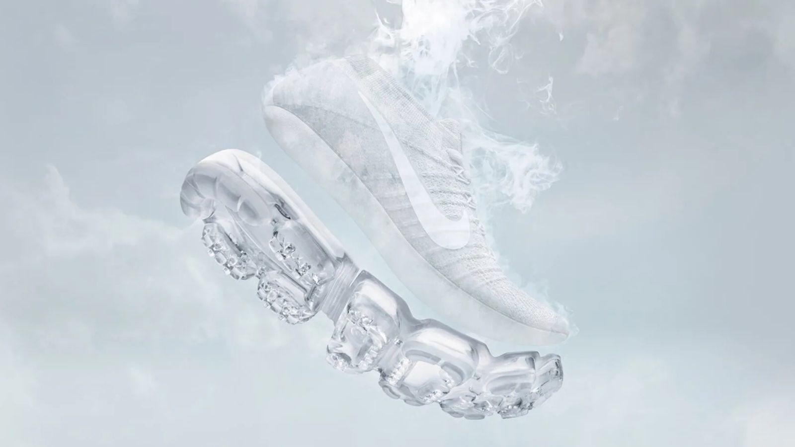 Nike Air technology graphic of Air bubbles disconnected from a white Nike shoe.