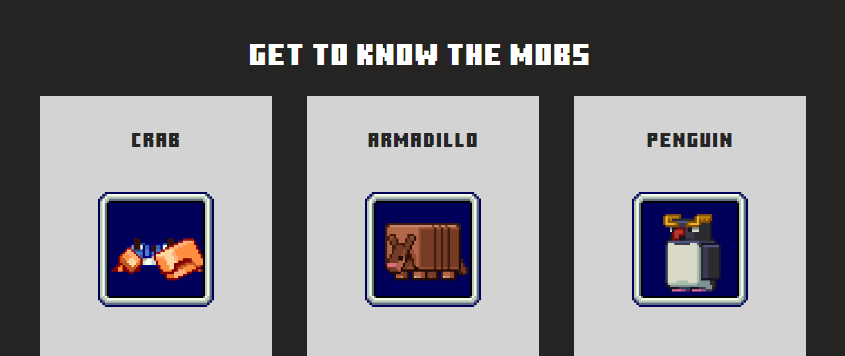 A screenshot of the three mobs for Mob Vote 2023: The crab, armadillo, and penguin.