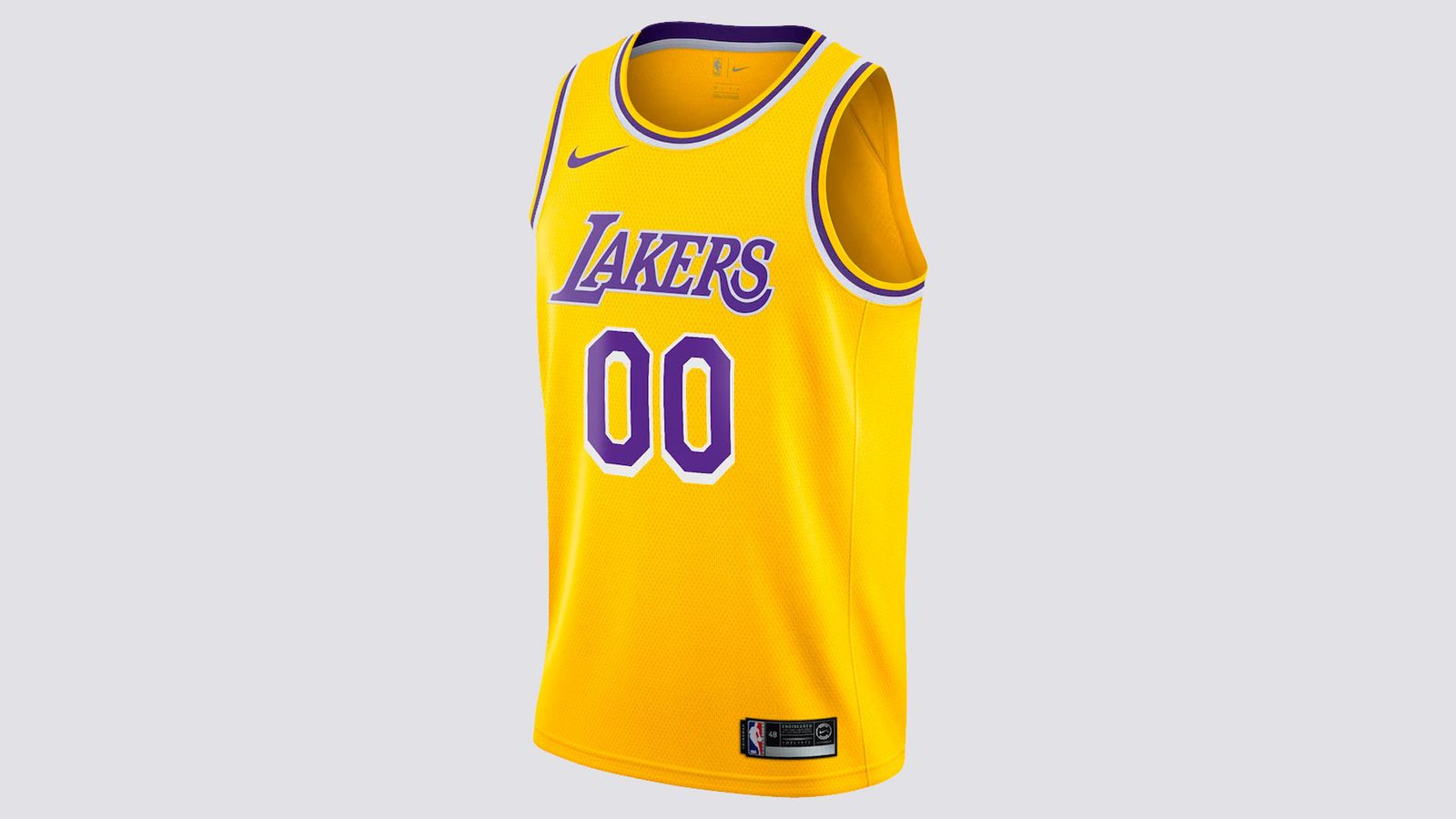 Los Angeles Lakers Nike Icon Swingman Jersey product image of a golden yellow sleeveless shirt with purple and white accents.