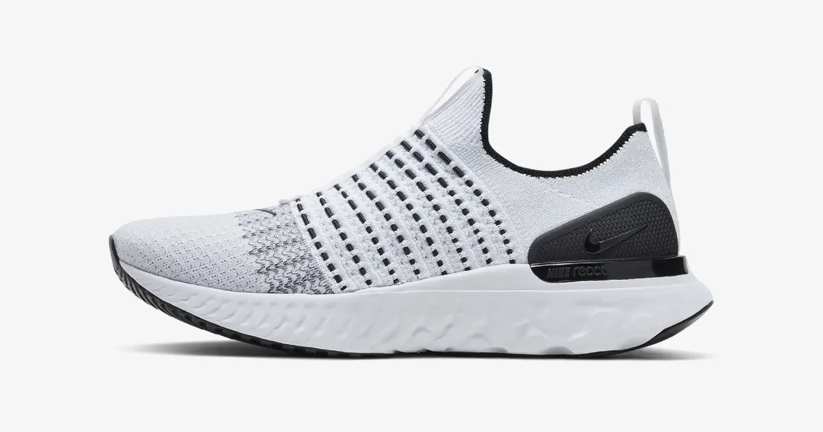 Nike React Phantom Run Flyknit 2 product image of white mesh, knitted, laceless running shoe with black trim.