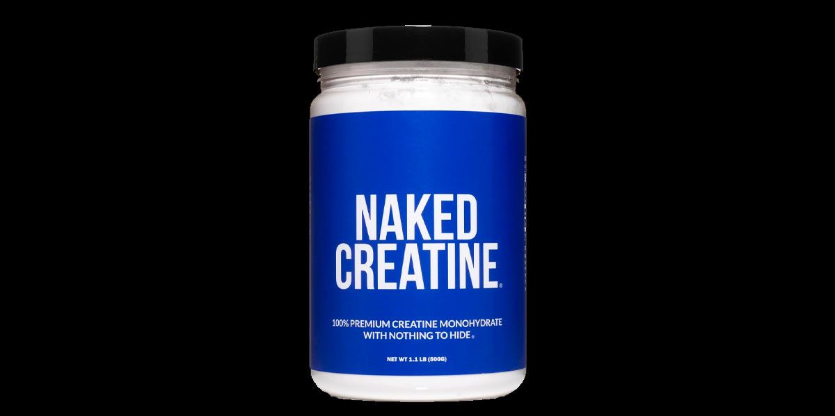 Naked Creatine product image of a white container with a black lid and blue label.