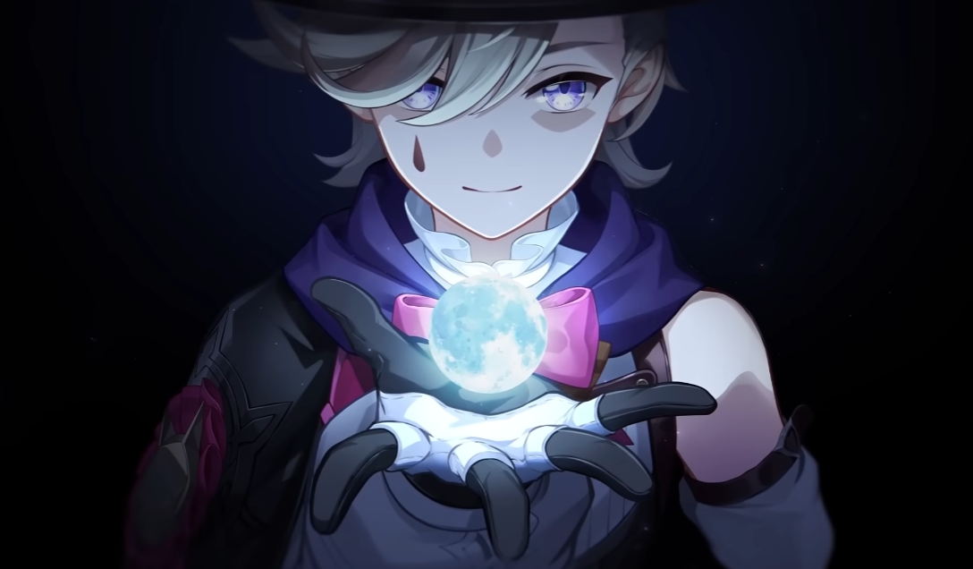 A screenshot of Lyney holding the moon in his hand in the Genshin Impact Character Teaser - "Lyney: Gloves of Wonder" 