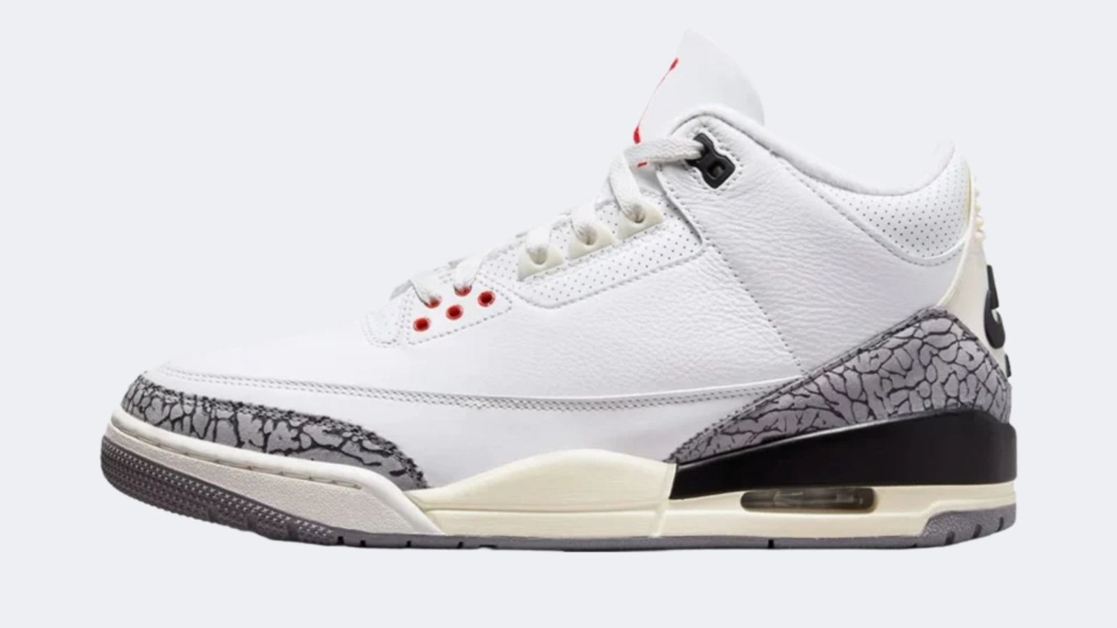 Air Jordan 3 Reimagined "White Cement" product image of a white Jordan 3 featuring elephent print overlays and a pre-aged midsole.