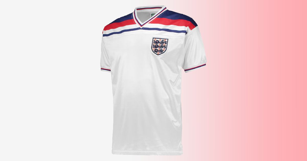 A white England kit with navy blue and red stripes across the shoulders in front of a gradient white and red background.