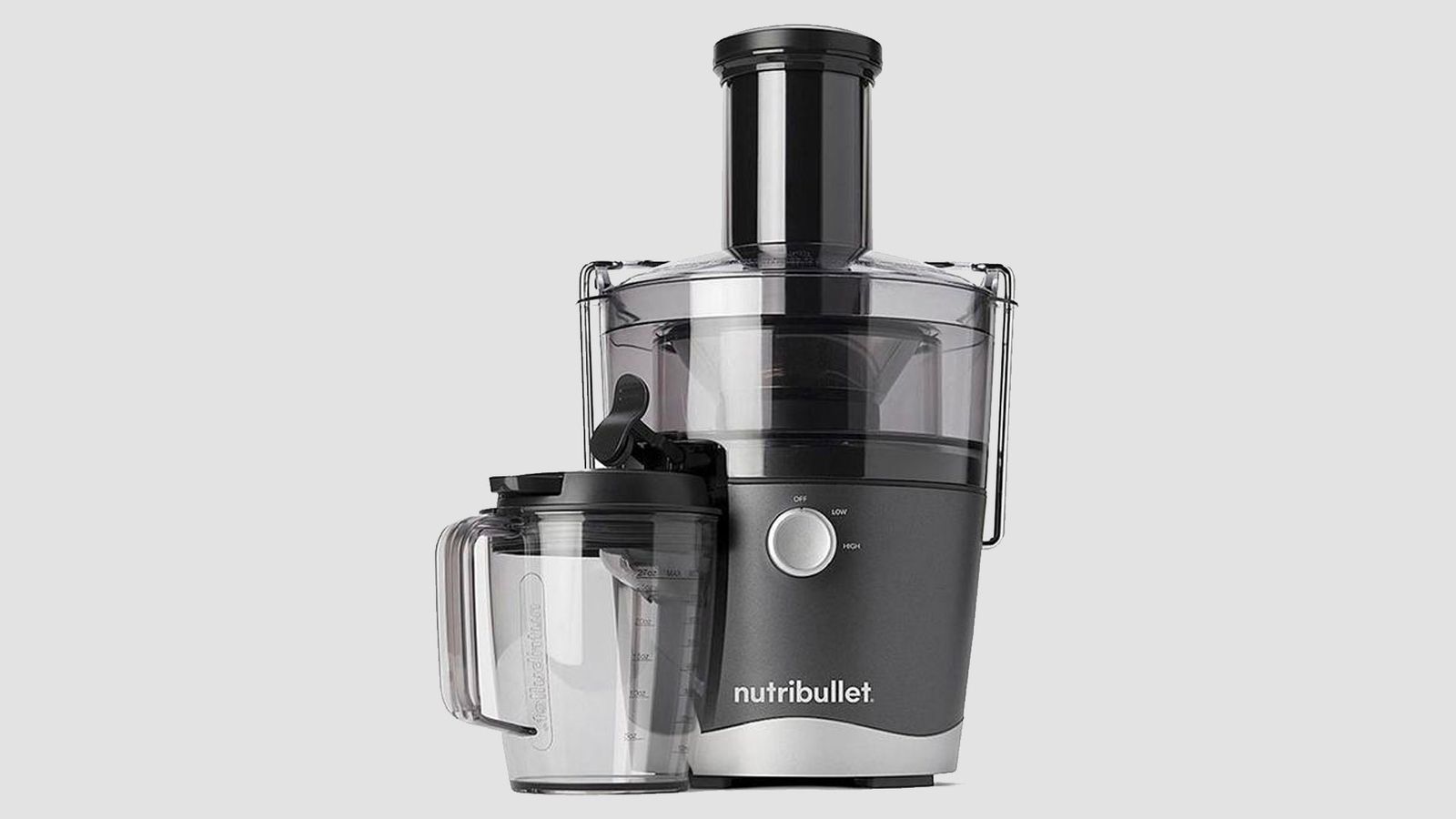 NUTRiBULLET Centrifugal Juicer product image of a dark grey machine with an on-the-go mug.