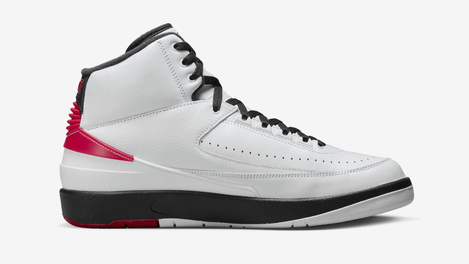 Air Jordan 2 "Chicago" product image of a single white, red, and black leather sneaker.