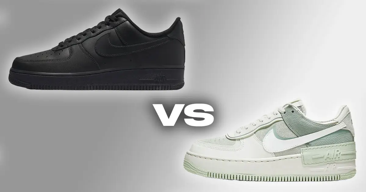 An all-black Air Force 1 Low vs. a light green Air Force 1 Shadow Low with a white Swoosh down the side.