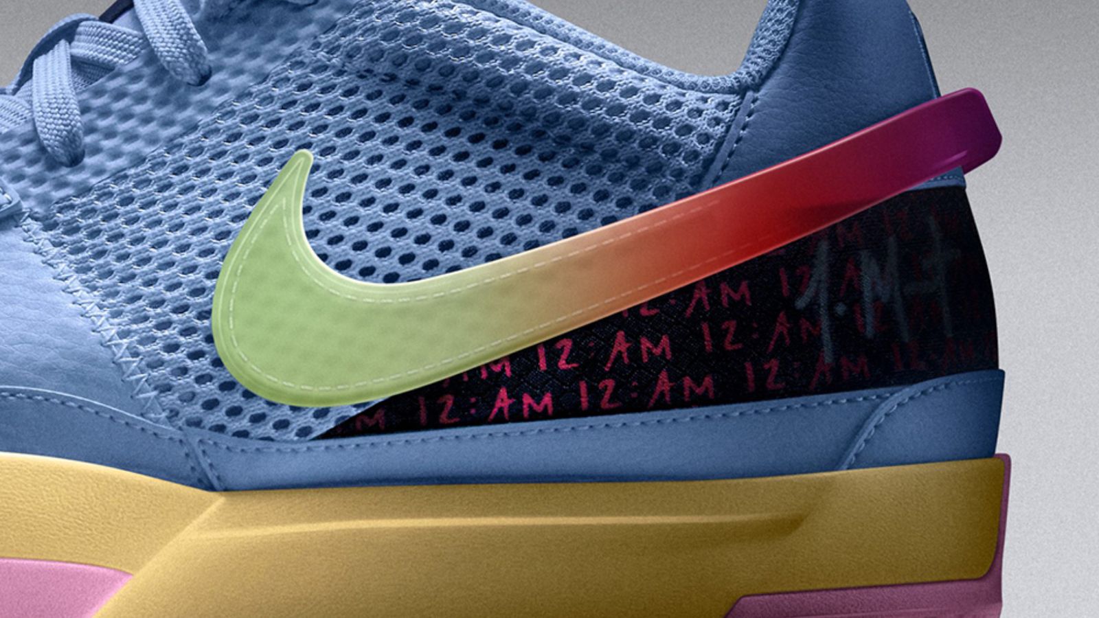 Nike Ja 1 "Day One" product image of a Cobalt Blue, pink, yellow, and faded lime sneaker.