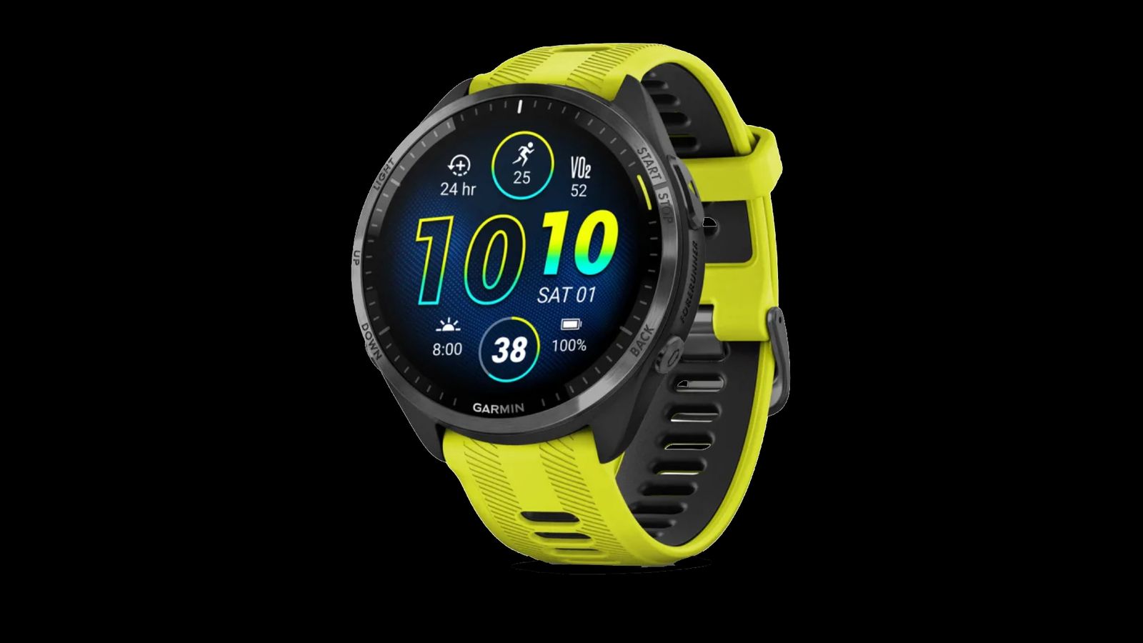 Garmin Forerunner 965 product image of a yellow, black, and carbon grey smartwatch featuring a blue and yellow display.