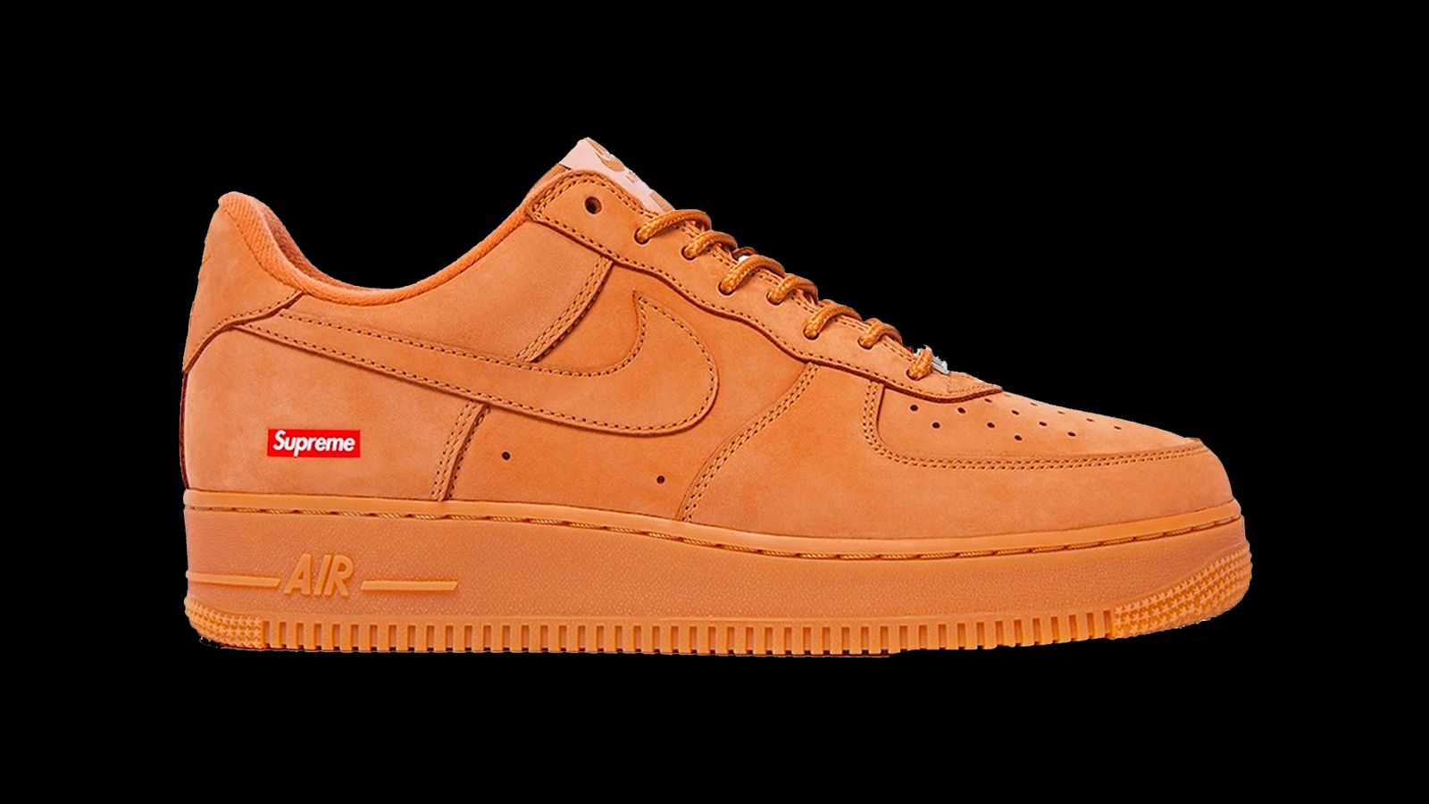 Supreme x Nike Air Force 1 Low product image of a "Wheat" sneaker with a red Supreme box-logo towards the heel.