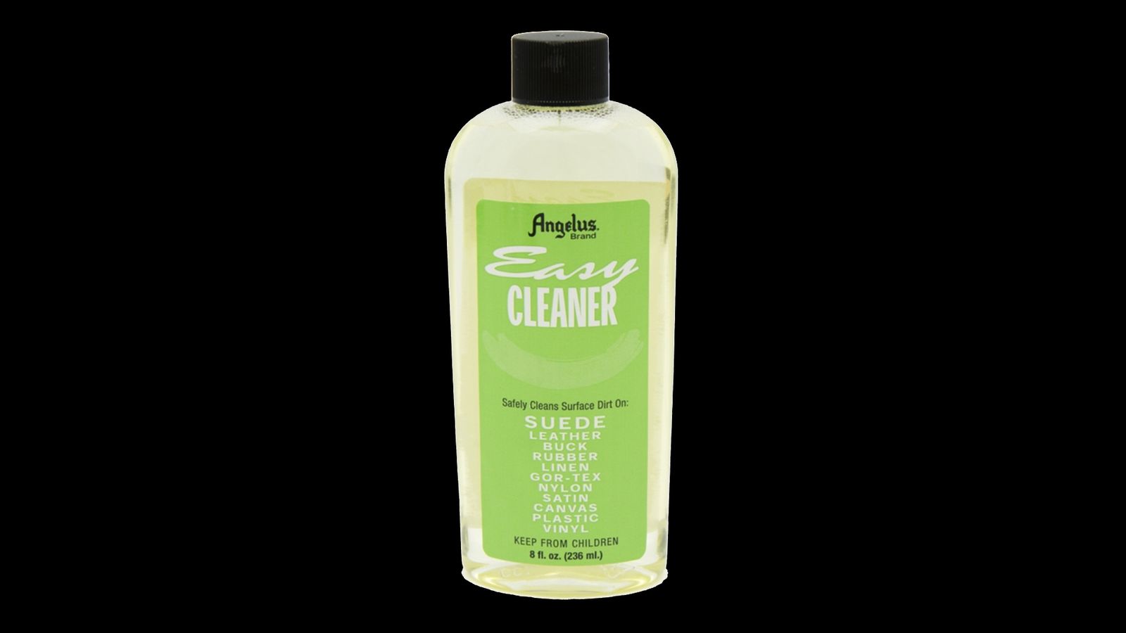 Angelus Easy Cleaner product image of a clear bottle containing light green shoe cleaner.