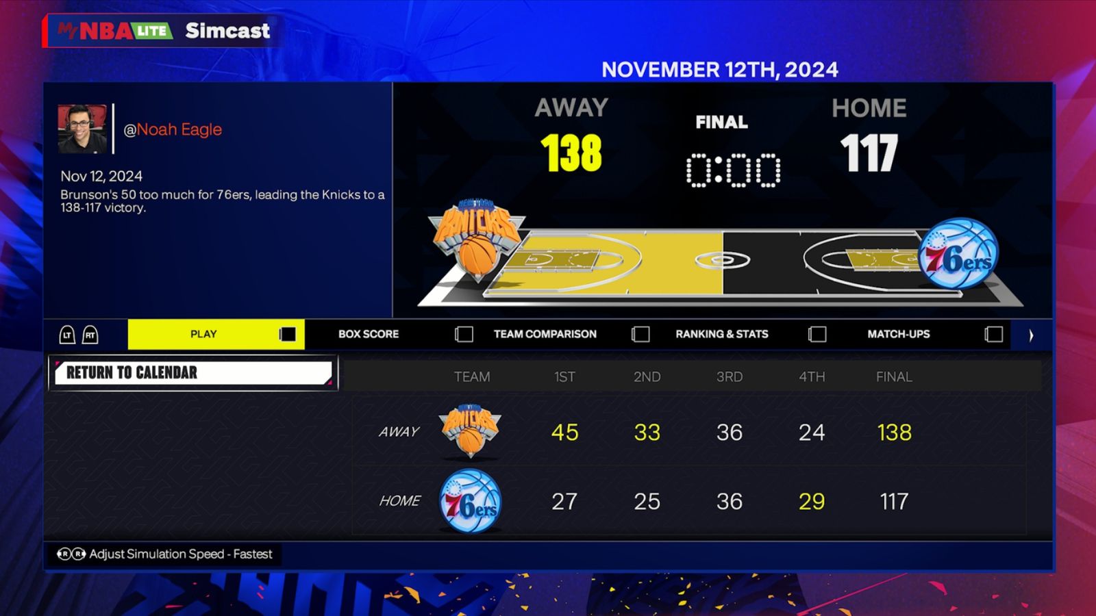 NBA 2K25 76ers vs Knicks Prediction