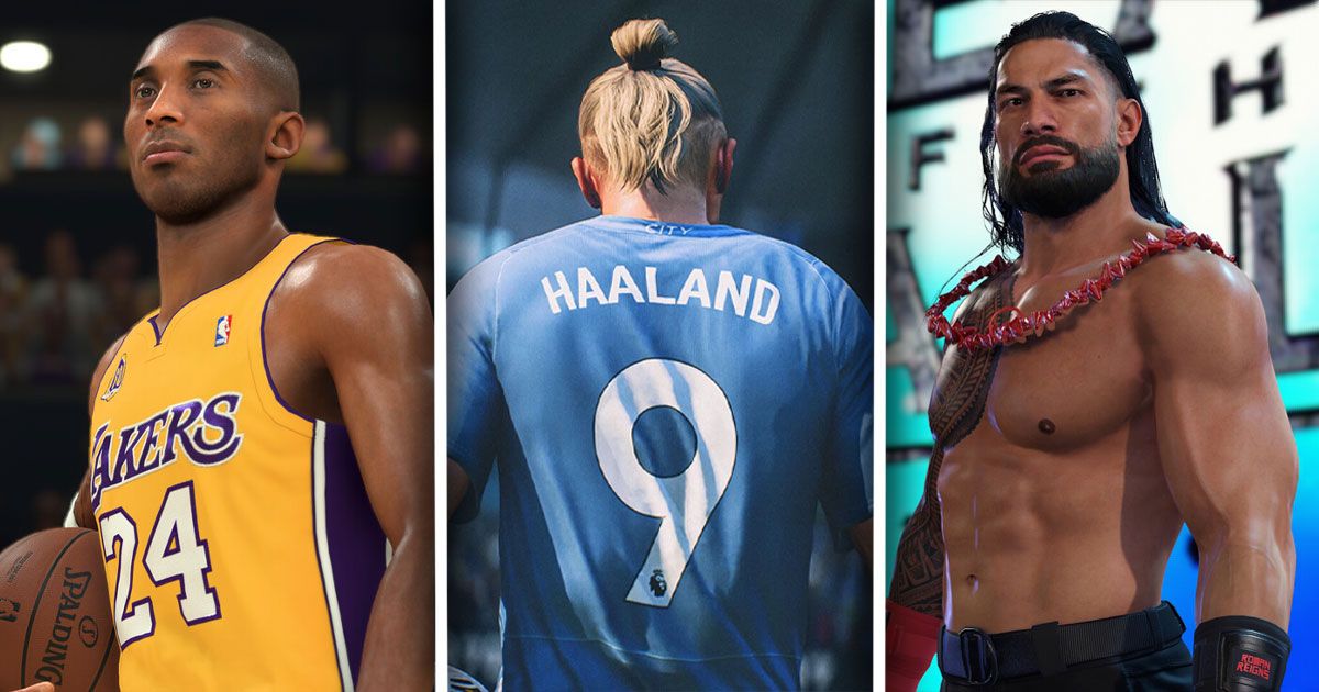 Kobe Bryant, Erling Haaland, and Roman Reigns from NBA 2K24, EA FC 24, and WWE 2K24 respectively.