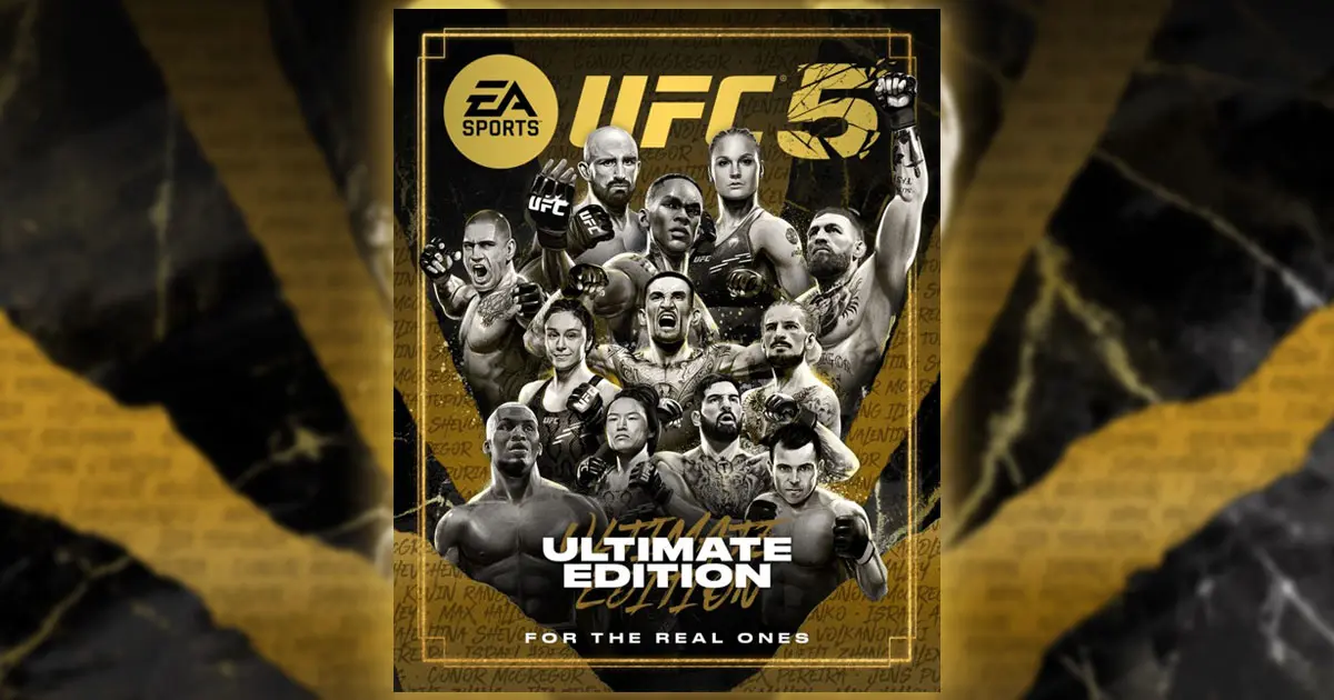 A gold and grayscale poster for UFC 5 Ultimate Edition, featuring features from a variety of weigh classes.