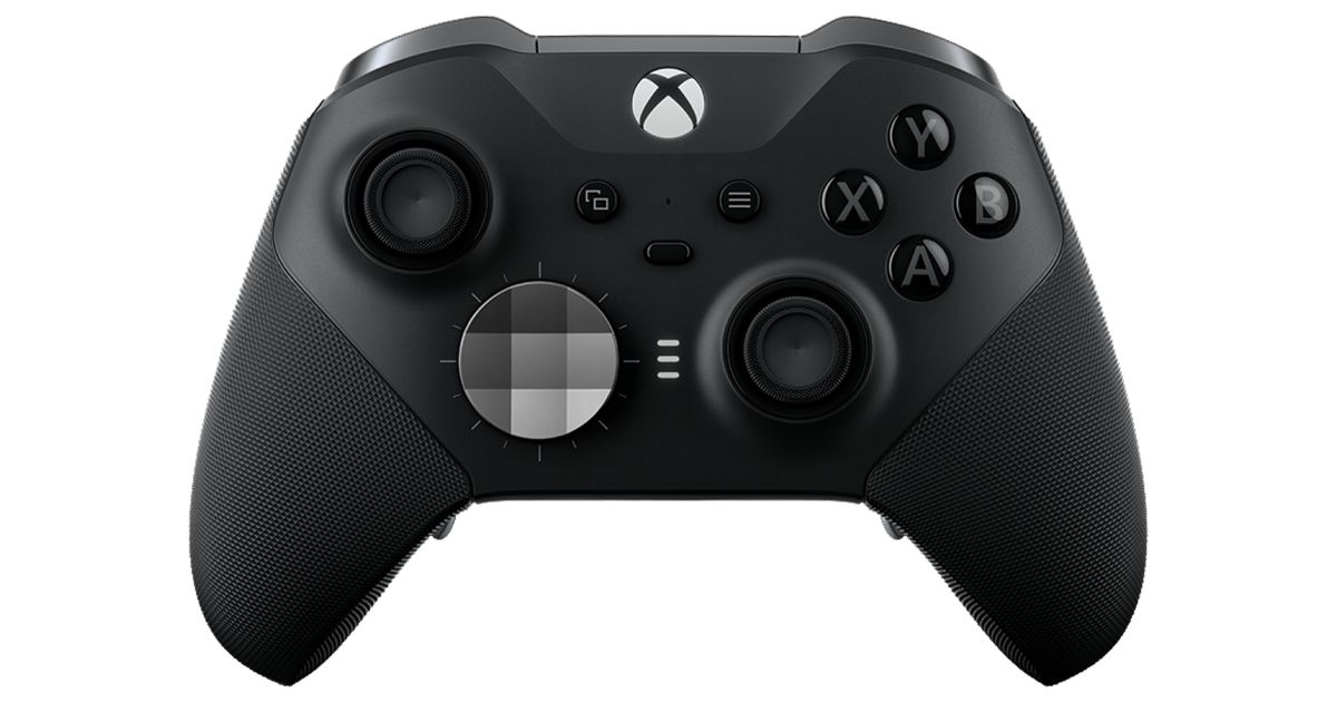 Xbox Elite Series 2 product image of a black Xbox controller featuring a white and light grey trackpad on the left side.