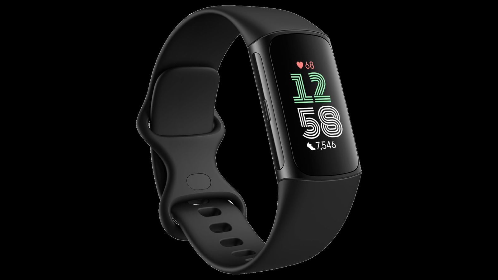 Fitbit Charge 6 product image of a black fitness band with the time in green and white on the display as well as heart rate.