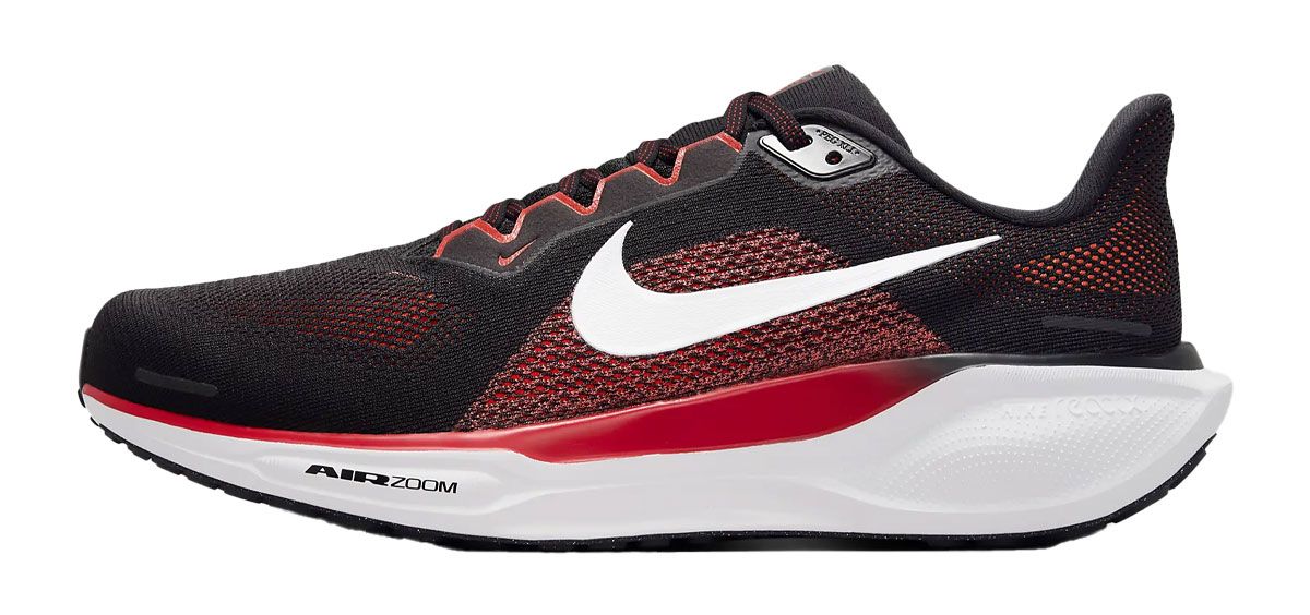 Nike Pegasus 41 product image of a black and red knitted running shoe with a  white sole unit and Swoosh down the side.