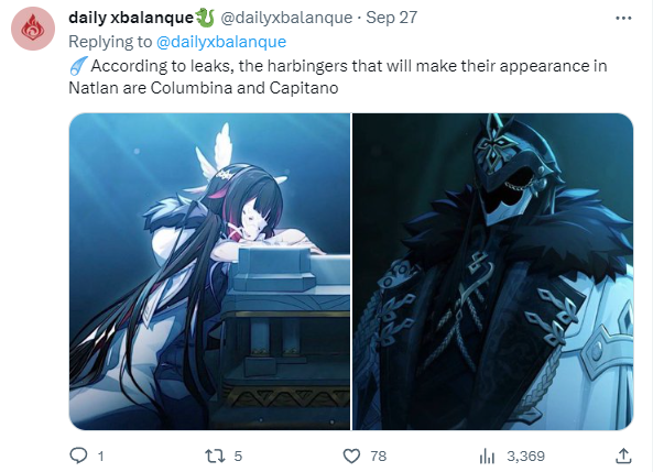 A screenshot of @dailyxbalanque tweet that reveals Columbina's involvement in Natlan of Genshin Impact.