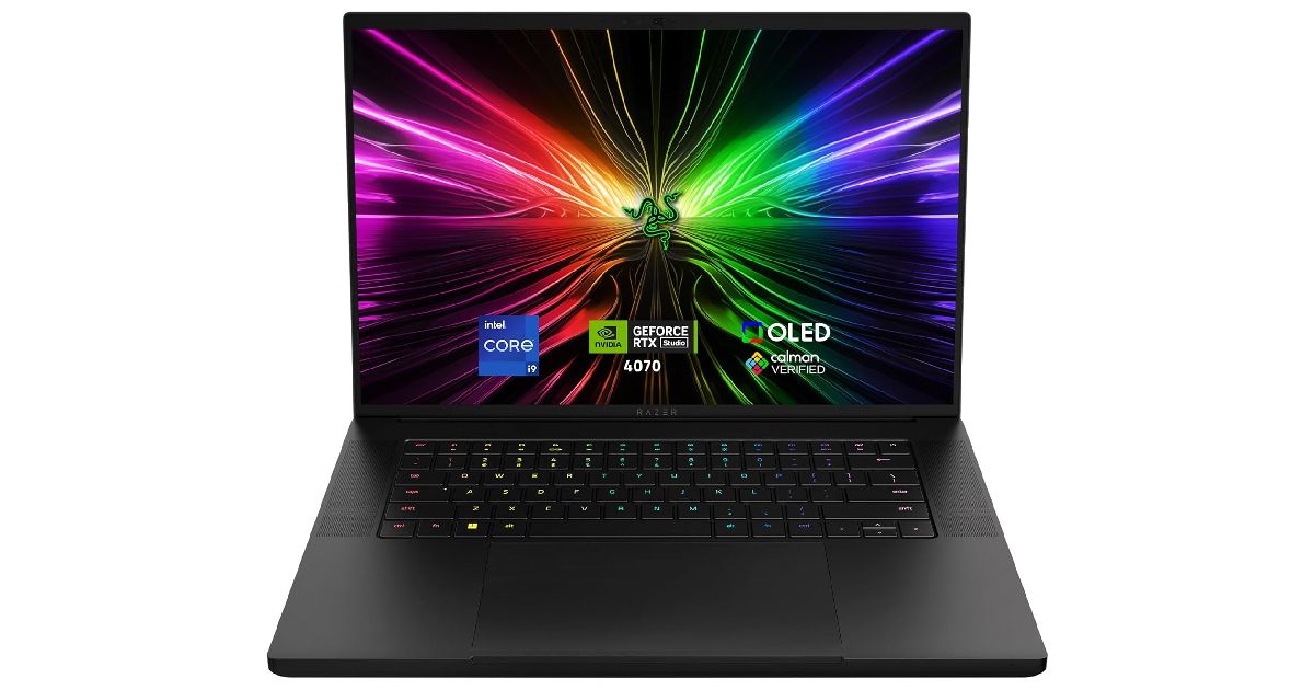 Razer Blade 16 product image of a black laptop featuring a rainbow-coloured pattern on the display with Razer branding in the centre.