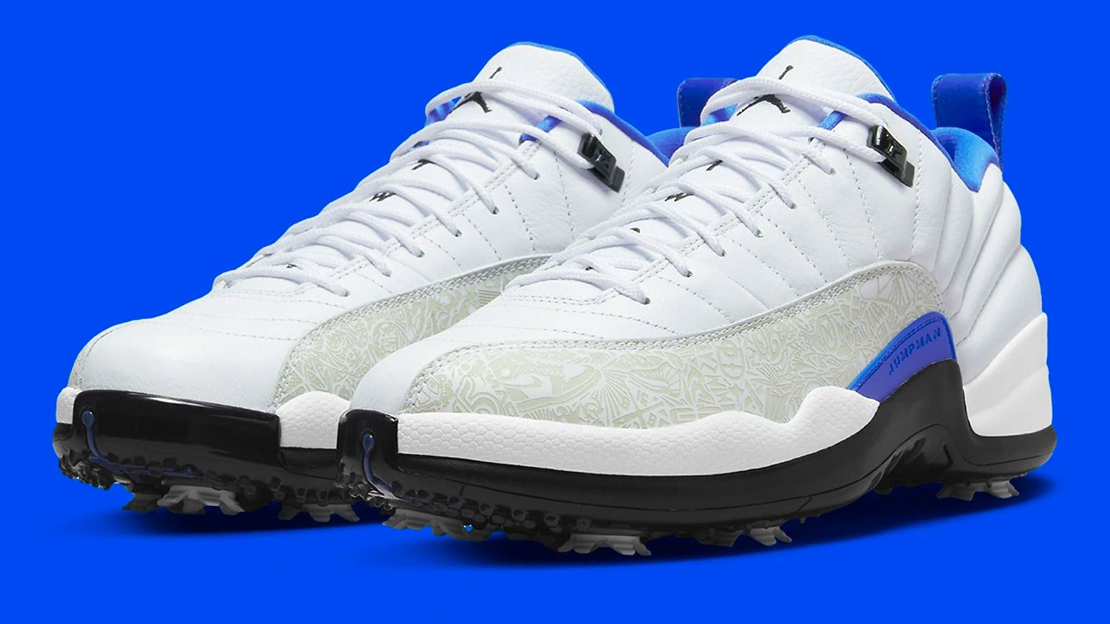 Air Jordan 12 Low Golf NRG "Laser" product image of a white and blue sneaker with grey laser overlays.