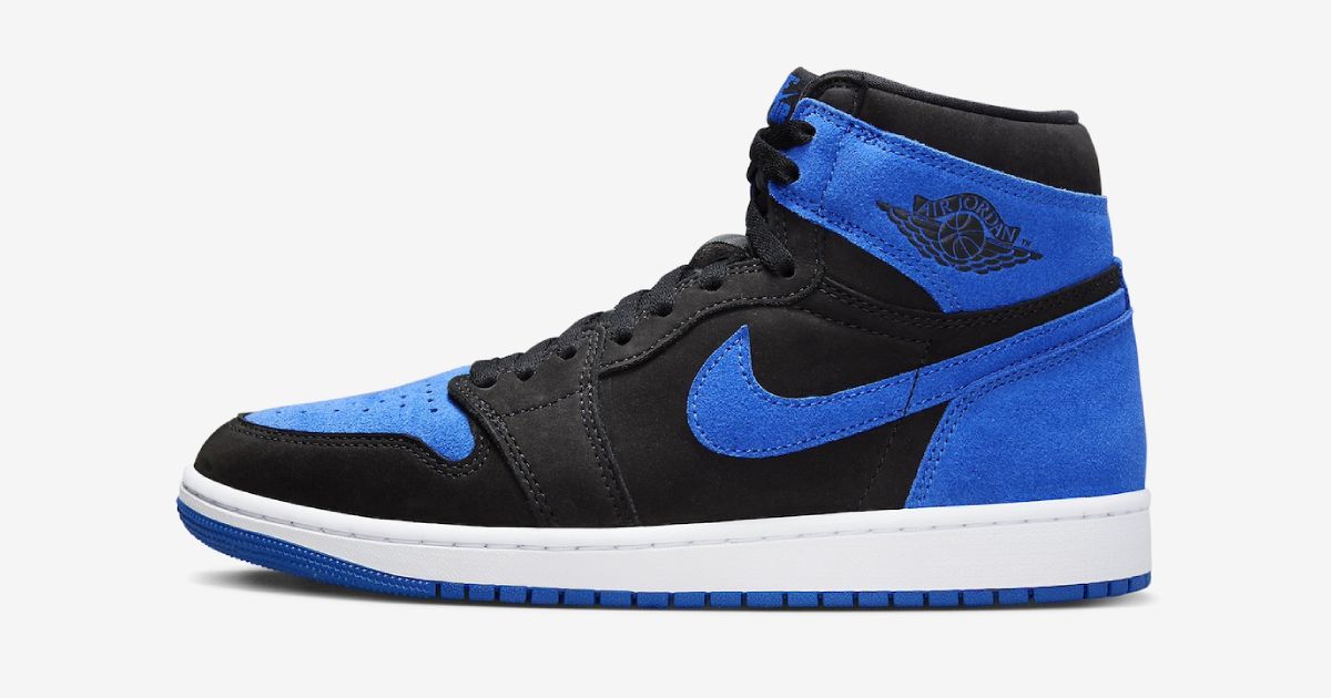 A black and blue suede Air Jordan 1 High with a white midsole.