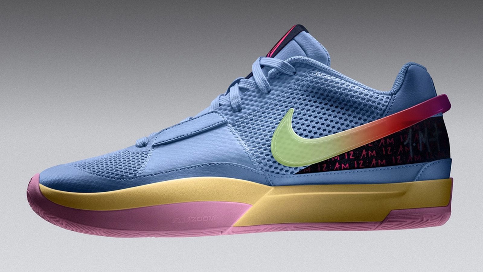 Nike Ja 1 "Day One" product image of a Cobalt Blue, pink, yellow, and faded lime sneaker.