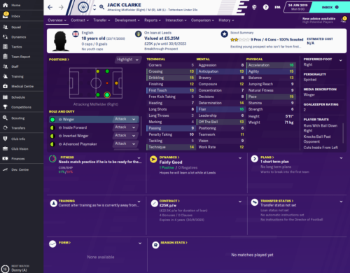 Jack Clarke starting FM20 attributes.