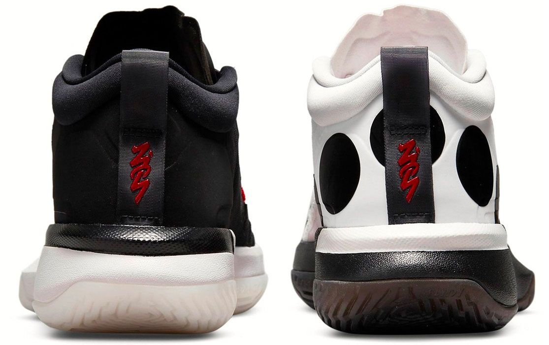 Naruto x Jordan Zion 1 product image of mirrored white and black sneakers with red accents.