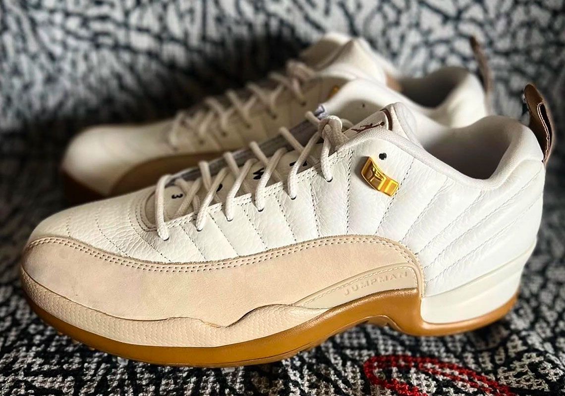 Air Jordan 12 Low Golf NRG "Driftwood" product image of a cream leather and tan suede sneaker with golf details.