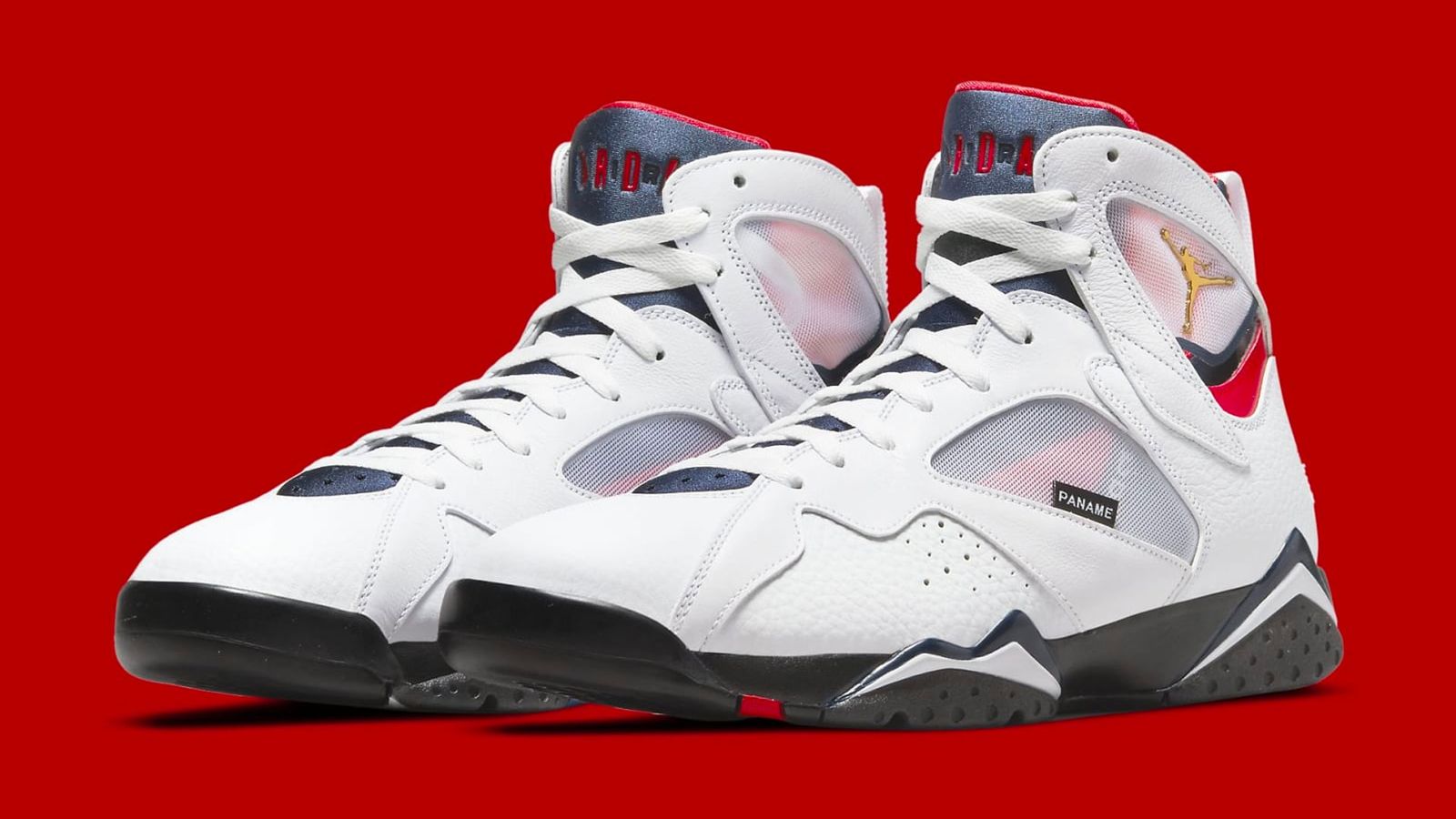 Best Air Jordan 7 colorways "PSG" product image of a pair of white sneakers with blue and red accents with gold Jumpman logos.