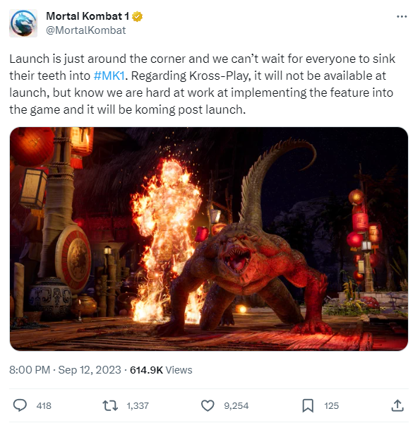 A screenshot of a tweet from Mortal Kombat official Twitter account confirming the development of crossplay.