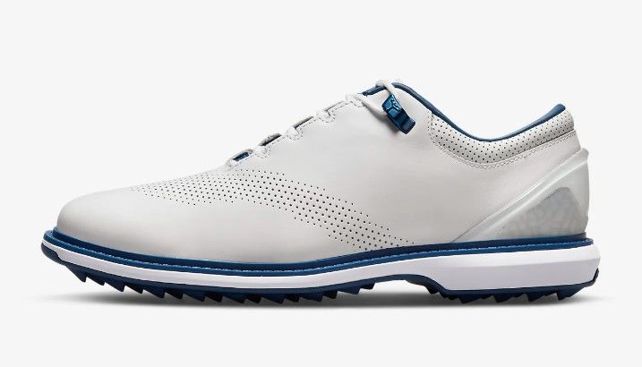 Jordan ADG 4 product image of a white low-top shoe with blue accents.