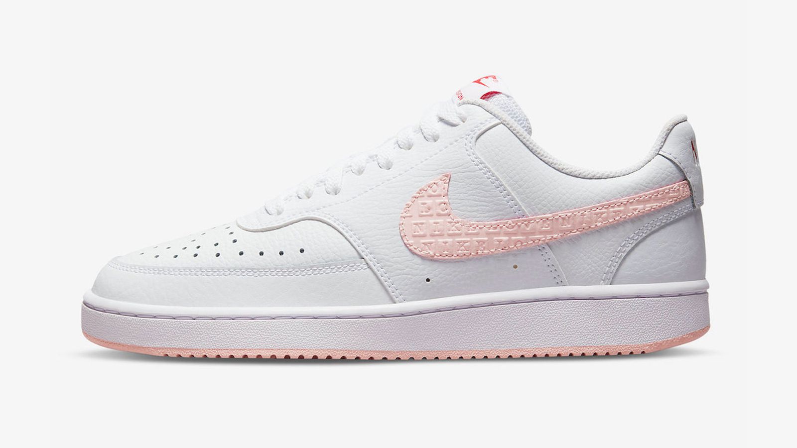 Nike Court Vision Low "Valentine's Day" product image of a white sneaker with light pink Swooshes with "Love" embossed into the material.