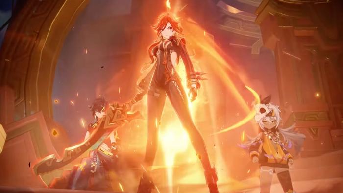 Mavuika standing tall with Kinich's weapon in Genshin Impact