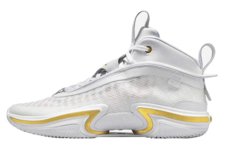 Are basketball shoes good for gym Nike Air Jordan product image of a singular white and gold basketball shoe