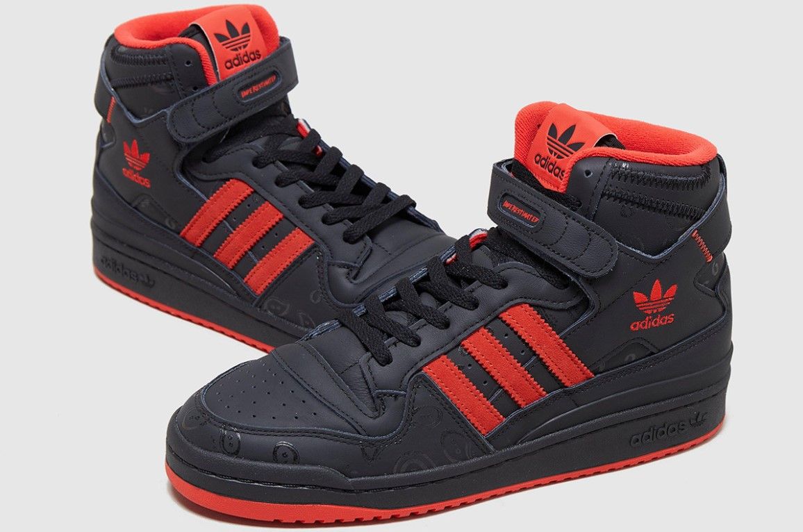 KSI x adidas Forum High product image of a black and red sneaker.