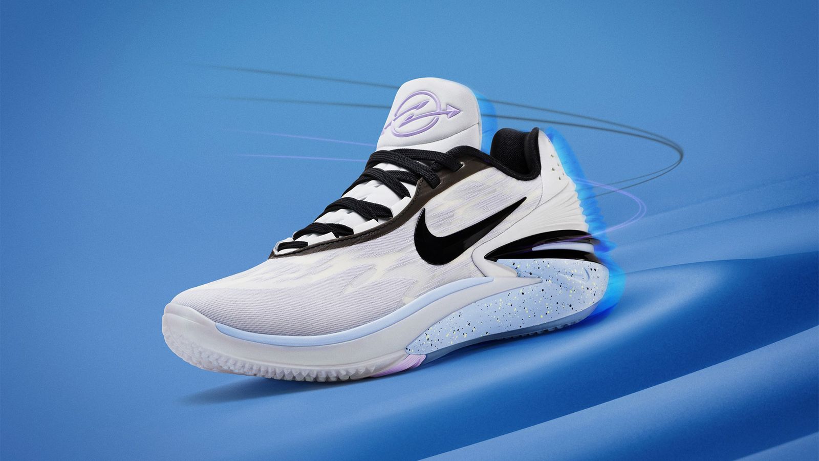 Nike Air Zoom G.T. Cut 2 "Sabrina Ionescu" product image of a white sneaker with black details and light blue speckled midsole accents.